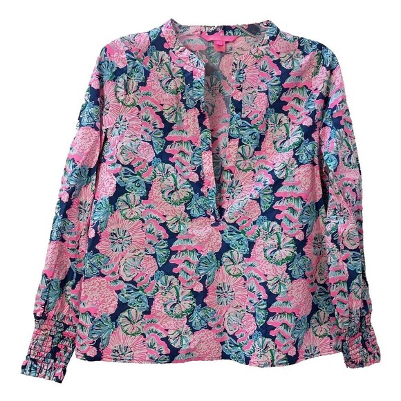 Lilly Pulitzer Shirt Top Small Split Neck Popover Pink Print Smocked Cuff Linen - Picture 1 of 8